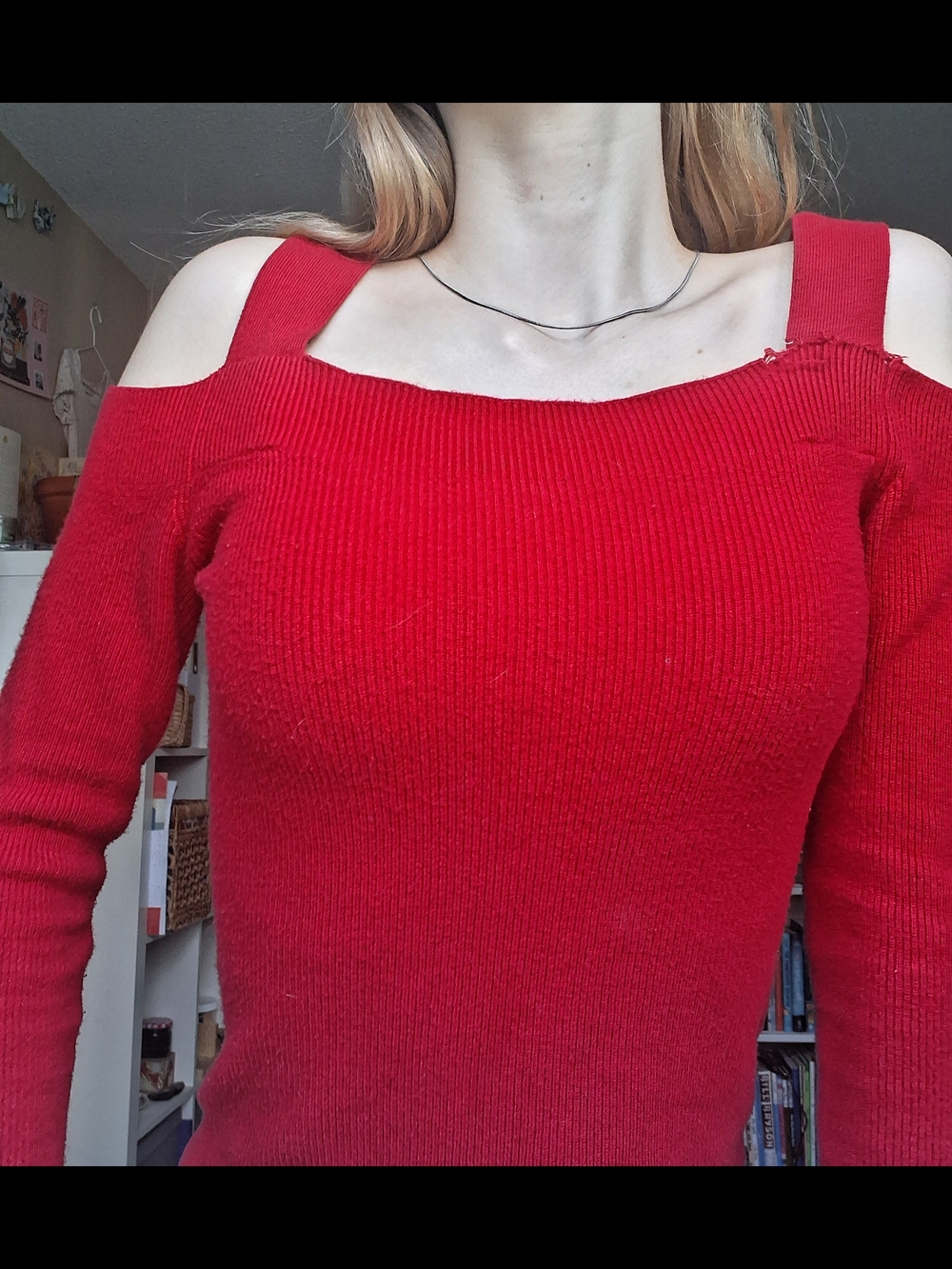 Express Red Off-the-Shoulder Ribbed Sweater - Picture 2 of 3